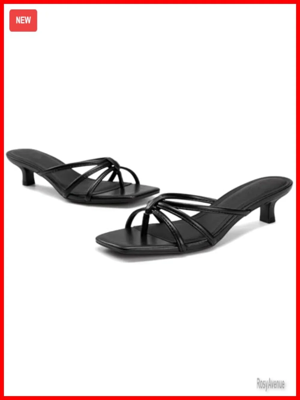 Square Toe Strappy Kitten Heeled Sandals, Faux Leather, Slip On, Cushioned